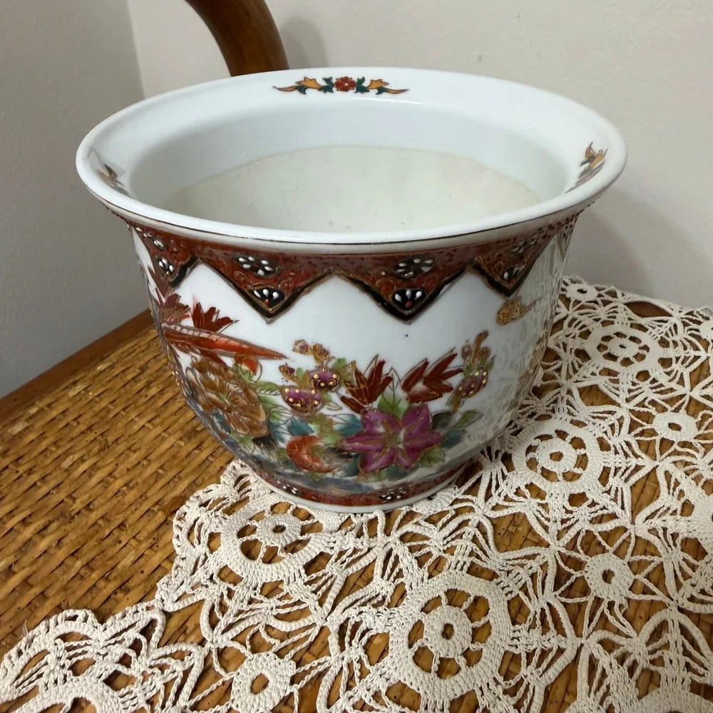 Vintage Chinese Export Porcelain Jardiniere Planter Birds Flowers Gold Gilt 5